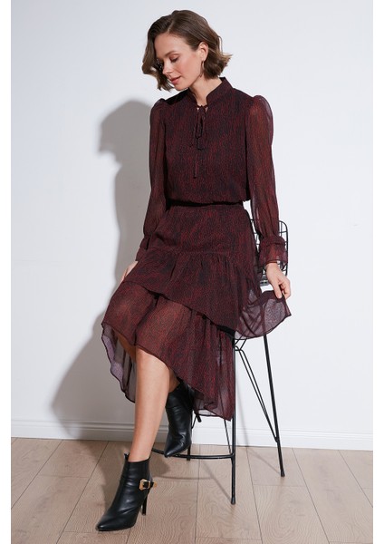 Regular Fit Boyundan Bağlamalı Volanlı Şifon Midi Elbise Kadın Elbise 611EL1449 fiyatları