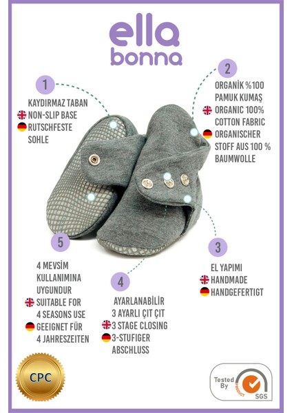Organik Pamuk Bebek Pandufu, Kaydırmaz Taban, Yenidoğan Patiği, Ev Kreş Ayakkabısı, Koyu Gri modelleri