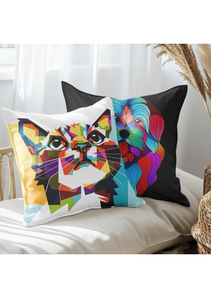 Kedi ve Köpek Tasarımlı 2'li Yastık Içi ve Kırlent Kılıfı 45CM 113424