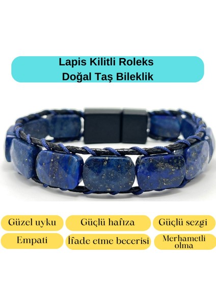 Sertifikalı Lapis Lazuli Kilit Kapama Roleks Doğal Taş Deri Bileklik