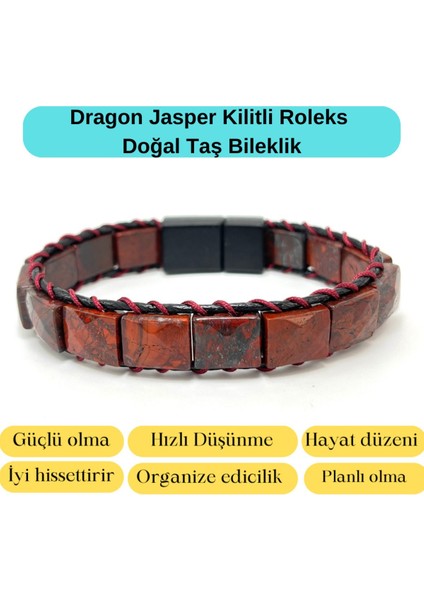 Sertifikalı Dragon Jasper Kilit Kapama Roleks Doğal Taş Deri Bileklik