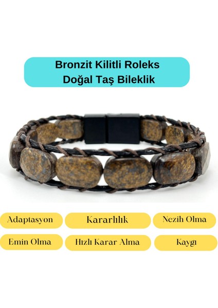 Sertifikalı Bronzit Kilit Kapama Roleks Doğal Taş Deri Bileklik