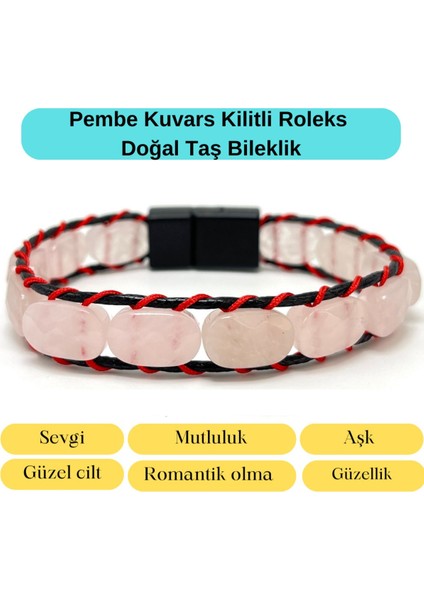 Yıldız Doğal Taş Sertifikalı Pembe Kuvars Kilit Kapama Roleks Doğal Taş Deri Bileklik