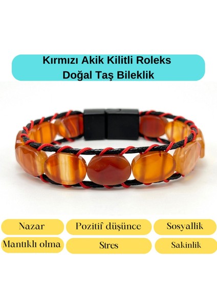 Sertifikalı Kırmızı Akik Kilit Kapama Roleks Doğal Taş Deri Bileklik