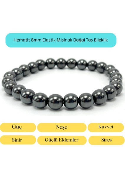 Sertifikalı Hematit 8mm Elastik Misinalı Doğal Taş Bileklik