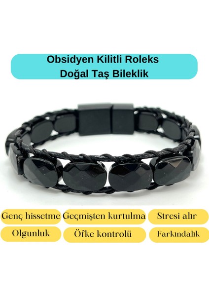 Sertifikalı Obsidyen Kilit Kapama Roleks Doğal Taş Deri Bileklik