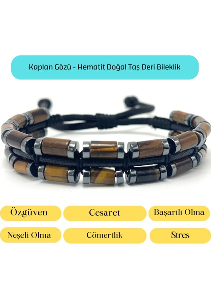Sertifikalı Kaplan Gözü ve Hematit Makrome Doğal Taş Deri Erkek Bileklik