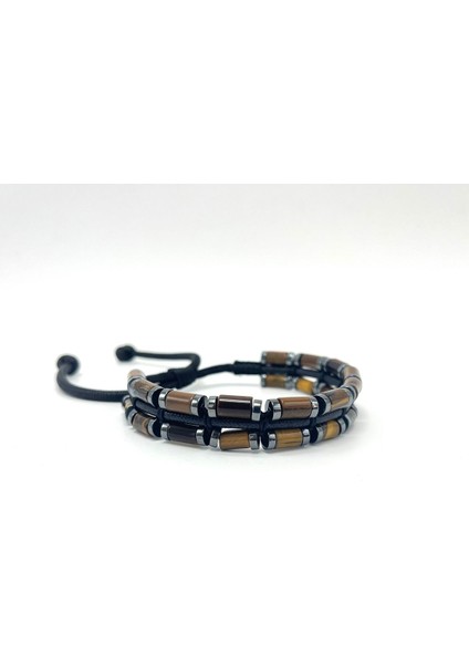 Sertifikalı Kaplan Gözü ve Hematit Makrome Doğal Taş Deri Erkek Bileklik modelleri