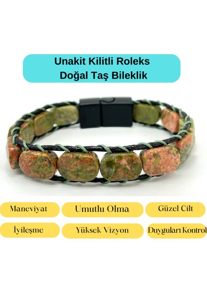 Sertifikalı Unakit Kilit Kapama Roleks Doğal Taş Deri Bileklik