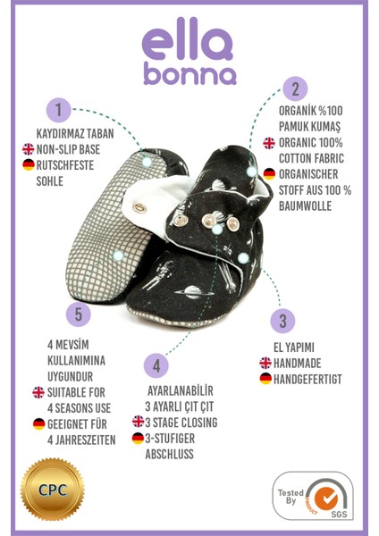 Organik Pamuk Bebek Pandufu, Kaydırmaz Taban, Yenidoğan Patiği, Ev Kreş Ayakkabısı, Astronot ve Uzay modelleri