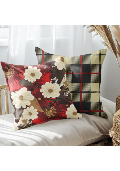 Ekose ve Çiçek Tasarımlı 2'li Yastık Içi ve Kırlent Kılıfı 45CM 113633