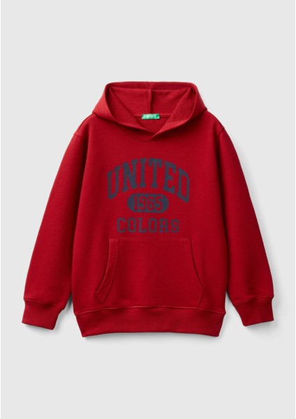 United Colors Of Benetton Erkek Çocuk Kırmızı Önü Logo Baskılı Ribanalı Kapüşonlu Sweatshirt