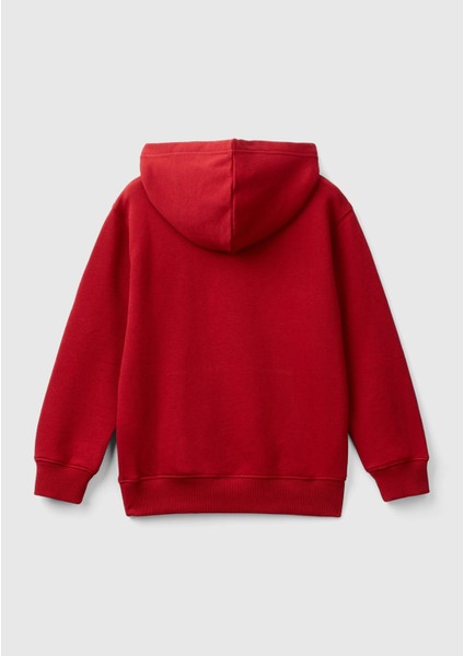 United Colors Of Benetton Erkek Çocuk Kırmızı Önü Logo Baskılı Ribanalı Kapüşonlu Sweatshirt