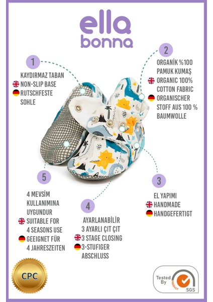 Organik Pamuk Bebek Pandufu, Kaydırmaz Taban, Yenidoğan Patiği, Ev Kreş Ayakkabısı, Dinozor modelleri