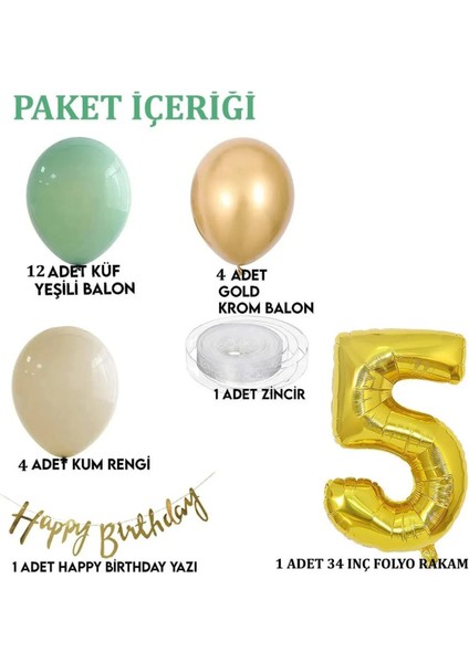 5 Yaş Küf Yeşili Deniz Kumu ve Krom Gold Balonlu Konsept Doğum Günü Balon Zincir Seti