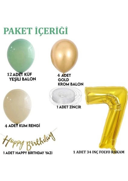 7 Yaş Küf Yeşili Deniz Kumu ve Krom Gold Balonlu Konsept Doğum Günü Balon Zincir Seti