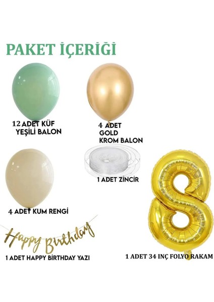8 Yaş Küf Yeşili Deniz Kumu ve Krom Gold Balonlu Konsept Doğum Günü Balon Zincir Seti