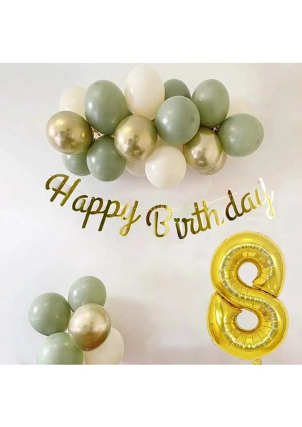 8 Yaş Küf Yeşili Deniz Kumu ve Krom Gold Balonlu Konsept Doğum Günü Balon Zincir Seti fiyatları