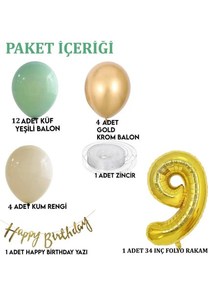 9 Yaş Küf Yeşili Deniz Kumu ve Krom Gold Balonlu Konsept Doğum Günü Balon Zincir Seti