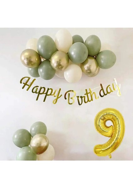 9 Yaş Küf Yeşili Deniz Kumu ve Krom Gold Balonlu Konsept Doğum Günü Balon Zincir Seti fiyatları
