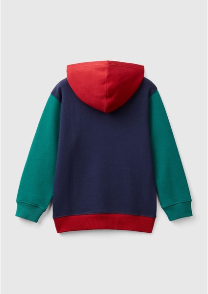 United Colors Of Benetton Erkek Çocuk Lacivert Mix Önü Logo Baskılı Ribanalı Kapüşonlu Sweatshirt