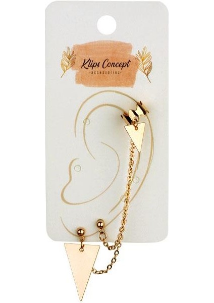 Kl- Obje ve Zincir Ear Cuff Üçgen Detay Gold Renk Küpe