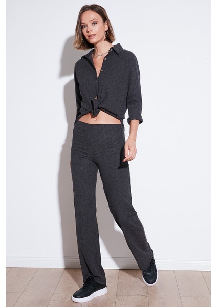 Slim Fit Yüksek Bel Geniş Paça Dokulu Pantolon Bayan Pantolon 5865944 fırsatları