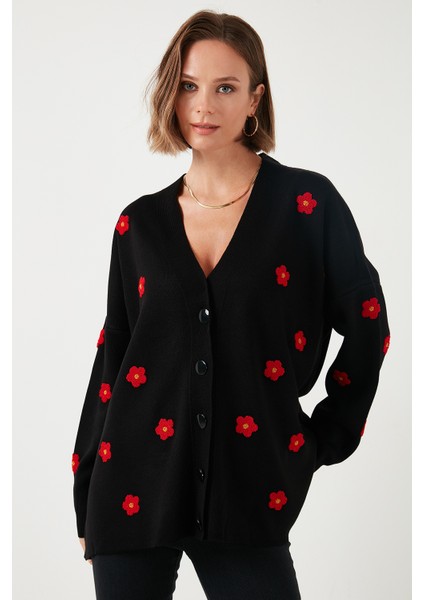 Oversize Fit Çiçekli Düğmeli V Yaka Soft Akrilik Kadın Hırka 4616192