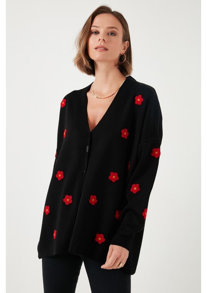 Oversize Fit Çiçekli Düğmeli V Yaka Soft Akrilik Kadın Hırka 4616192
