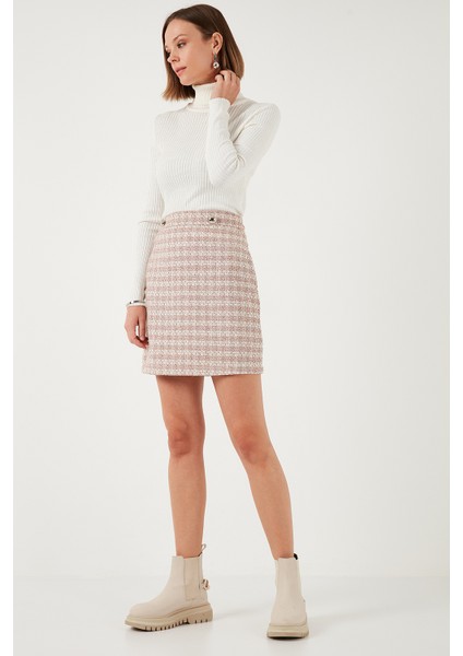 Ekoseli Tüvit Kumaş Kalem Düz Kesim Mini Kışlık Etek Bayan Etek 611ET0602