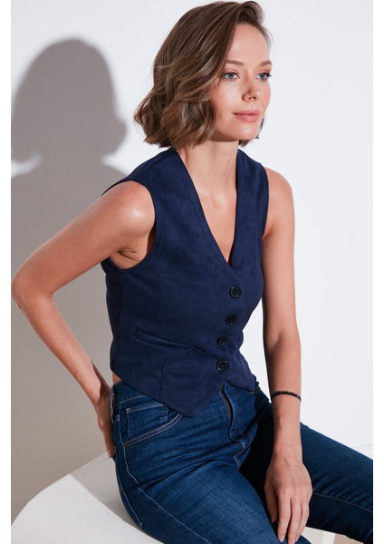 Fitted Scuba Süet V Yaka Düğmeli Yelek Kadın Yelek 5865576 fiyatları