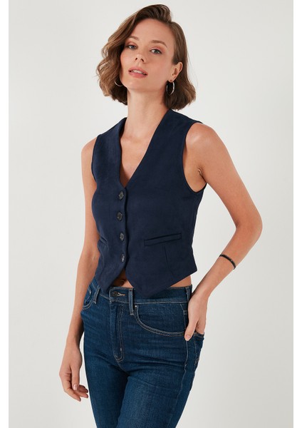 Fitted Scuba Süet V Yaka Düğmeli Yelek Kadın Yelek 5865576 modelleri