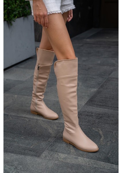 Vizon Kadın Taş Detaylı Uzun Deri Kadın Çizme 3 cm Topuklu