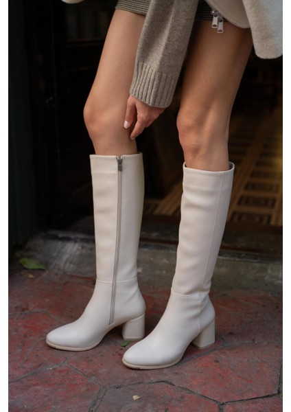 Kadın Çizme Suni Deri Kalın Topuklu Bej Şık Tasarım Günlük ve Özel Kullanım fiyatları