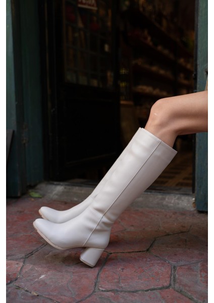 Kadın Çizme Suni Deri Kalın Topuklu Bej Şık Tasarım Günlük ve Özel Kullanım fırsatları