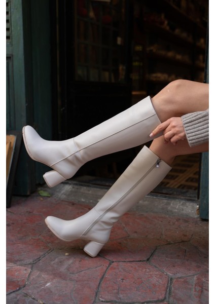 Kadın Çizme Suni Deri Kalın Topuklu Bej Şık Tasarım Günlük ve Özel Kullanım indirimleri