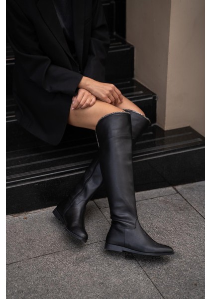 Siyah Kadın Taş Detaylı Uzun Deri Kadın Çizme fırsatları