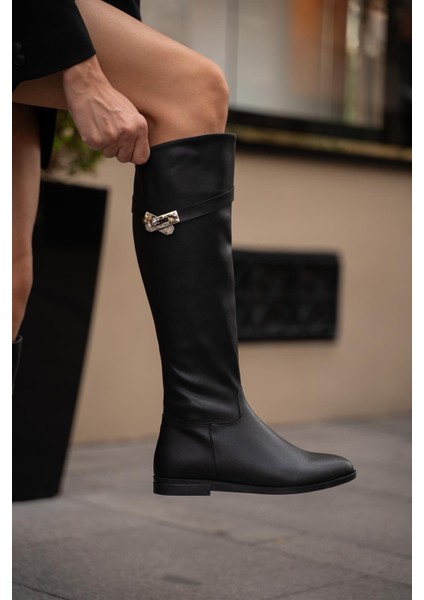 Siyah Kadın Kemerli Uzun Deri Çizme fiyatları