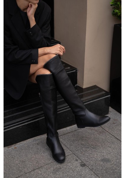 Siyah Kadın Taş Detaylı Uzun Deri Kadın Çizme modelleri
