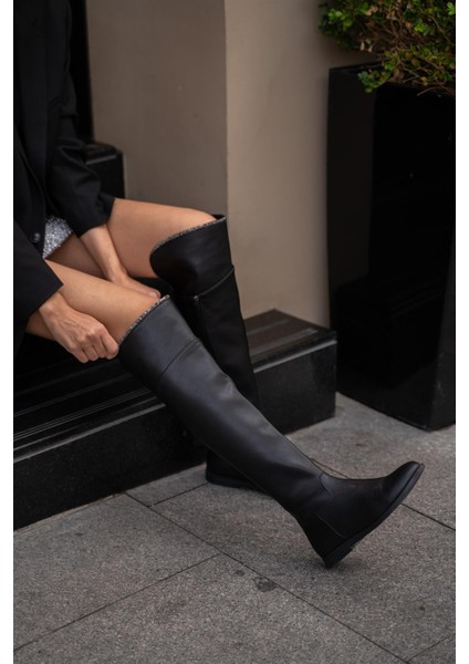 Siyah Kadın Taş Detaylı Uzun Deri Kadın Çizme indirimleri