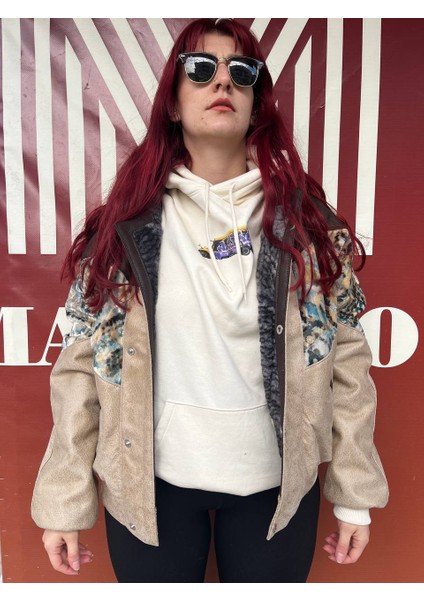 Unisex Aztek Retro Bomber Oversize Desenli Ceket Bykk4