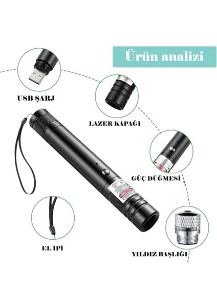 PRO-303 USB Şarjlı Yeşil Lazer Pointer, Sunum Kalemi, Güçlü Şarjlı Lazer Işaretliyici