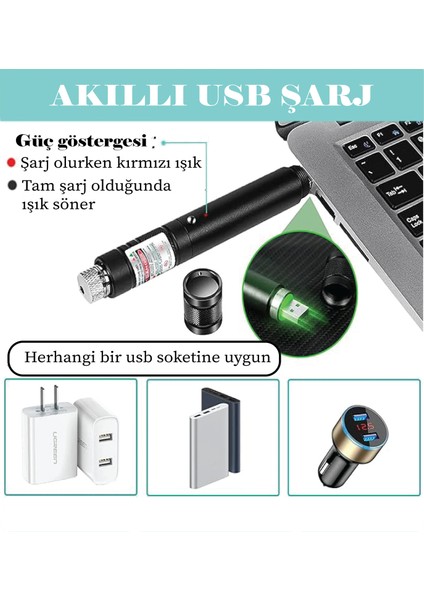 PRO-303 USB Şarjlı Yeşil Lazer Pointer, Sunum Kalemi, Güçlü Şarjlı Lazer Işaretliyici