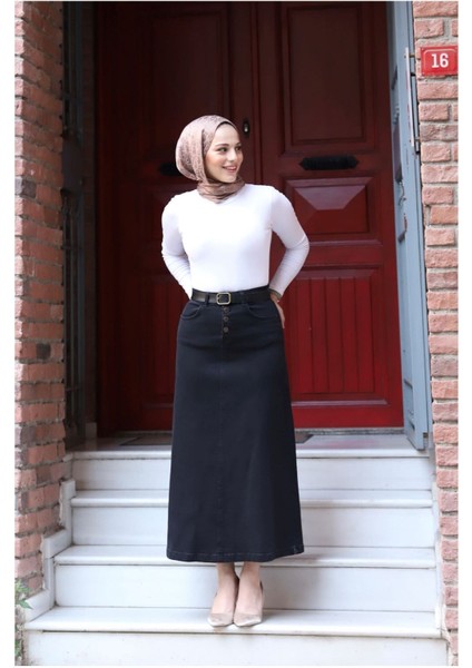 Doğal Kumaşlı Kemerli Kot Etek- Siyah fiyatları