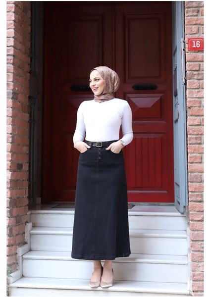 Doğal Kumaşlı Kemerli Kot Etek- Siyah modelleri