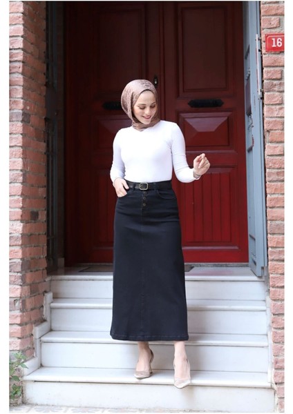 Doğal Kumaşlı Kemerli Kot Etek- Siyah fırsatları