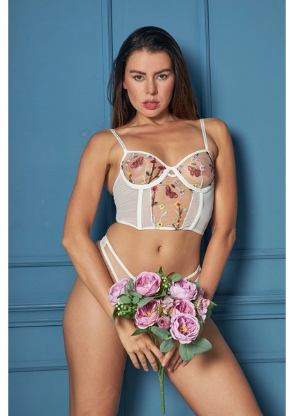 Helen Nuit Çiçekli Balenli Transparan Bralet Büstiyer Tanga Takım