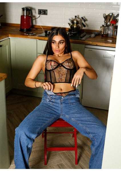 Helen Nuit Çiçekli Balenli Transparan Bralet Büstiyer Tanga Takım