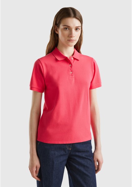 Benetton Kadın T-Shirt Lila Streç Pamuklu Sol Altı Logo Baskılı Polo 3WG9D300E