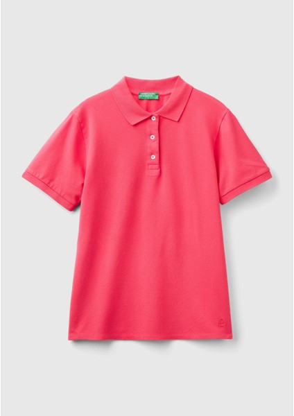 Benetton Kadın T-Shirt Lila Streç Pamuklu Sol Altı Logo Baskılı Polo 3WG9D300E